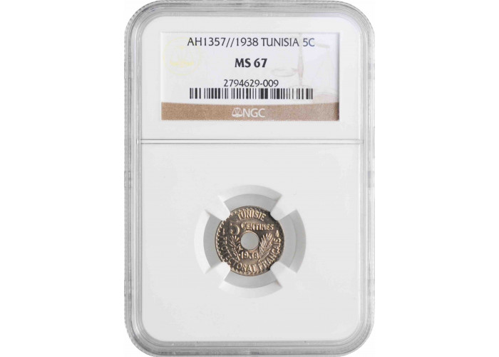 Тунис 5 сантимов AH 1357 (1938) г., NGC MS67, "Французский протекторат (1890 - 1957)"