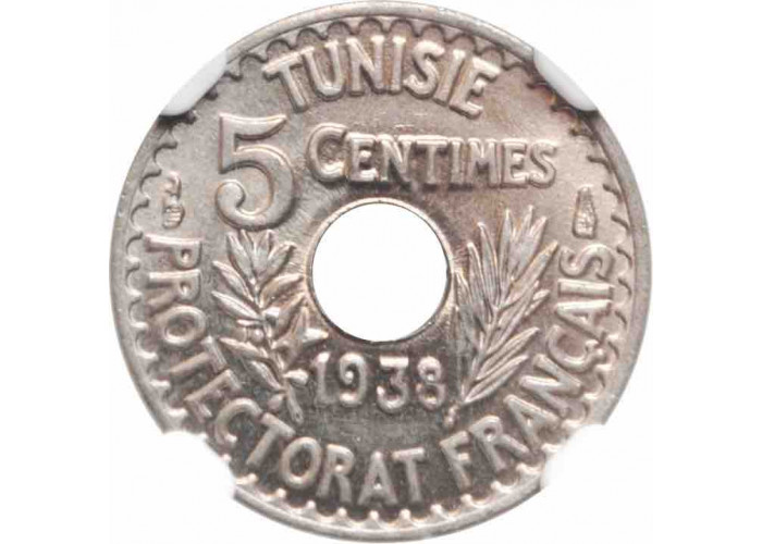 Тунис 5 сантимов AH 1357 (1938) г., NGC MS67, "Французский протекторат (1890 - 1957)"