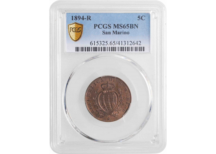 Сан-Марино 5 чентезимо 1894 г., PCGS MS65 BN, "Республика Сан-Марино (1864 - 1938)"