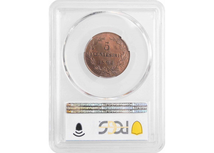 Сан-Марино 5 чентезимо 1894 г., PCGS MS65 BN, "Республика Сан-Марино (1864 - 1938)"