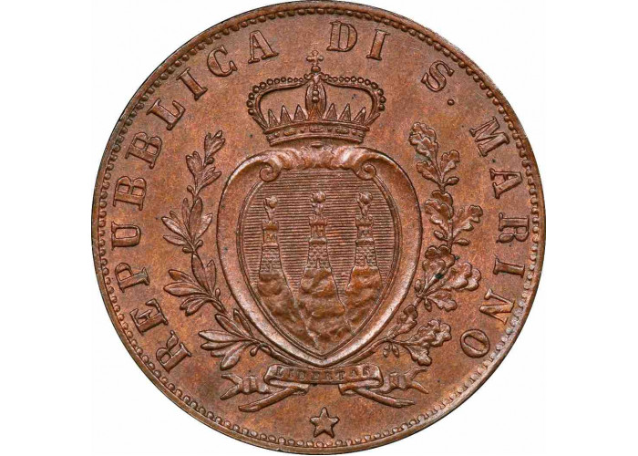Сан-Марино 5 чентезимо 1894 г., PCGS MS65 BN, "Республика Сан-Марино (1864 - 1938)"