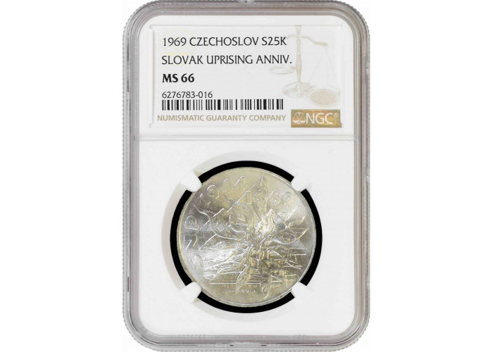 Чехословакия 25 крон 1969 г., NGC MS66, "25 лет Словацкому восстанию" Top Pop 2/0