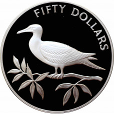 Belize 50 dollars 1985, PROOF, "Bird Conservation - Red-footed Booby" silver