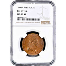 Austria 3 kreuzer 1800 A, NGC MS63 RB, "Emperor Franz II (1792 - 1835)" Pop 1/1