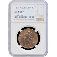 Аргентина 2 сентаво 1891 г., NGC MS64 BN, "Песо аргентинское (1881 - 1969)"