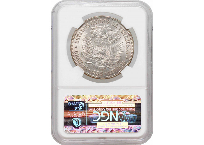 Венесуэла 5 боливаров 1935 г., NGC MS63, "Соединенные Штаты Венесуэлы (1879 - 1952)"