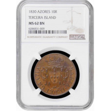 Azores (Terceira Island) 10 reis 1830, NGC MS62, "Maria II in exile (1828-1833)"