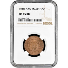 San Marino 5 centesimi 1894, NGC MS65 RB, "Republic of San Marino (1864 - 1938)"