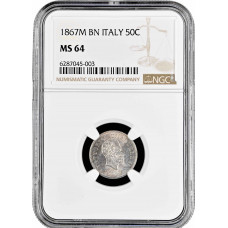 Italien 50 Centesimi 1867 M BN, NGC MS64, "Vittorio Emanuele II (1861 - 1878)"