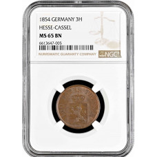 Hesse-Kassel 3 hellers 1854, NGC MS65 BN, "Frederick William (1847-1866)" Pop1/0