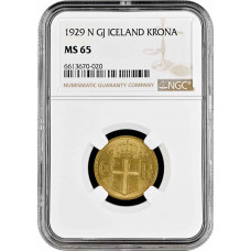 Iceland 1 krona 1929 N GJ, NGC MS65, "King Christian X (1922 - 1943)" Top Pop 4/0