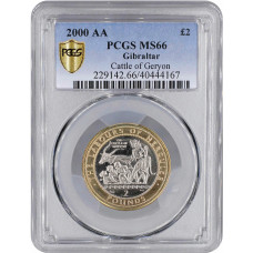 Gibraltar 2 pounds 2000 AA, PCGS MS66, "Hercules - Abduction cows Geryon" TopPop