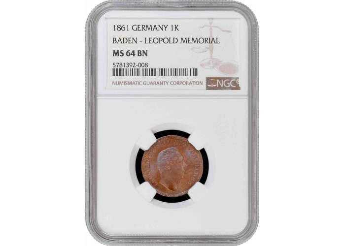 Баден 1 крейцер 1861 г., NGC MS64 BN, "Мемориал Леопольда" Top Pop 1/0