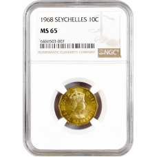 Seychelles 10 cents 1968, NGC MS65, "Queen Elizabeth II (1953-1975)" Top Pop 1/0