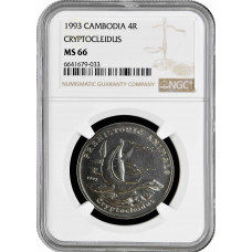 Cambodia 4 riels 1993, NGC MS66, "Prehistoric Animals - Cryptocleidus"