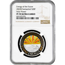 Switzerland 20 francs 2022, NGC PF70 UC, "Energy of the Future - Solar energy"