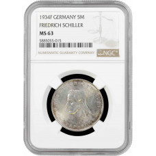 Germany - Third Reich 5 reichsmark 1934 F, NGC MS63, "Friedrich Schiller"