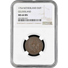 Netherlands (Gelderland) 1 duit 1754, NGC MS64 BN, "Dutch Republic (1701-1794)" Pop 2/1