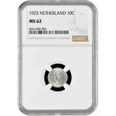 Netherlands 10 cents 1925, NGC MS62, "Queen Wilhelmina (1890 - 1948)"