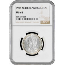 Netherlands 1 gulden 1915, NGC MS62, "Queen Wilhelmina (1890 - 1948)"