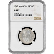 Норвегия 1 крона 1917 г., NGC MS62, "Король Хокон VII (1906 - 1957)"