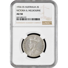 Australia 1 florin 1934-35, NGC AU58, "100th Anniv. of Victoria and Melbourne"