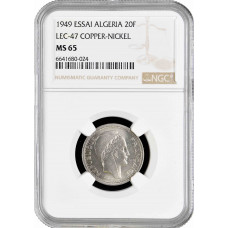 Algeria 20 francs 1949, NGC MS65 ESSAI, "French colony (1949 - 1956)" Top 7/1