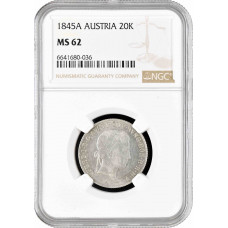 Austria 20 kreuzer 1845 A, NGC MS62, "Emperor Ferdinand I (1835 - 1848)"