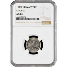 Германия 50 рейхспфеннигов 1935 г. E, NGC MS63, "Веймарская Республика (1924 - 1938)"