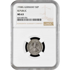 Германия 50 рейхспфеннигов 1938 г. G, NGC MS63, "Веймарская Республика (1924 - 1938)"