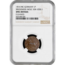 Brunswick-Wolfenbuttel 1 pfennig 1814 MC, NGC UNC Det., "F. Wilhelm (1806-1815)"