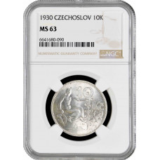 Czechoslovakia 10 korun 1930, NGC MS63, "First Republic (1919 - 1938)"