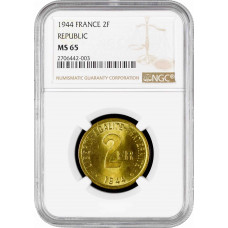 France 2 francs 1944, NGC MS65, "Fourth Republic (1944 - 1959)" Top Pop 2/0