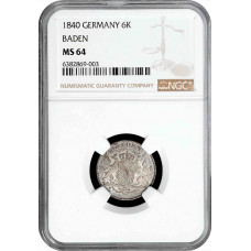 Baden 6 kreuzer 1840, NGC MS64, "Gerand Duke Leopold (1830 - 1852)" silver coin