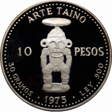 Dominican Republic 10 pesos 1975, PROOF, "Pueblo Viejo Mine, Taino Art" silver