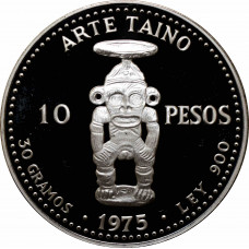 Dominican Republic 10 pesos 1975, PROOF, "Pueblo Viejo Mine, Taino Art" silver