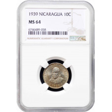 Nicaragua 10 centavos 1939, NGC MS64, "Cordoba (1912 - 1990)"