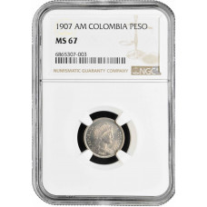 Colombia 1 peso 1907 AM, NGC MS67, "República de Colombia (1886 - 1914)" Pop 1/2