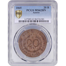 Азорские острова 20 рейсов 1865, PCGS MS62 BN, "Автономный регион Асориш (1843 - 1901)"