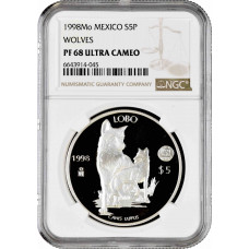 Mexico 5 pesos 1998, NGC PF68 UC, "World Wildlife Fund - Wolf"