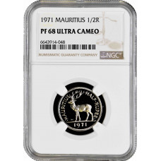 Mauritius 1/2 rupee 1971, NGC PF68 UC, "Queen Elizabeth II (1953 - 1986)"