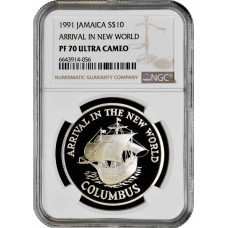 Jamaica 10 dollars 1991, NGC PF70 UC, "Arrival in New World" Top Pop 1/0