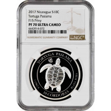 Nicaragua 10 cordobas 2017, NGC PF70 UC, "Olive ridley sea turtle" Top Pop 2/0