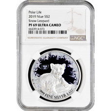 Niue 2 dollars 2019, NGC PF69 UC, "Polar Life - Snow leopard" silver colorized