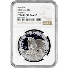 Niue 2 dollars 2019, NGC PF70 UC, "Polar Life - Polar Bear" silver colorized