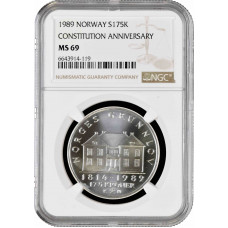 Норвегия 175 крон 1989 г., NGC MS69, "175 лет Конституции" Top Pop