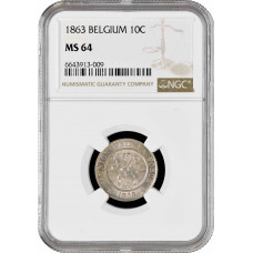 Belgien 10 Centime 1863, NGC MS64, "König Leopold I (1832 - 1865)"