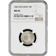 Belgien 10 Centime 1862, NGC MS65, "König Leopold I (1832 - 1865)"