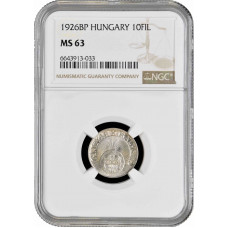 Hungary 10 filler 1926 BP, NGC MS63, "Regency (Pengő) (1926 - 1945)" Pop 2/1