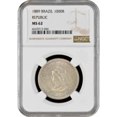 Brazil 1000 reis 1889, NGC MS62, "First Republic (1889 - 1942)" silver coin